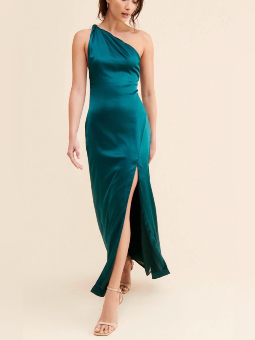 Free People Victoria Green Twist One Shoulder Satin Maxi Dress Gown Size 16